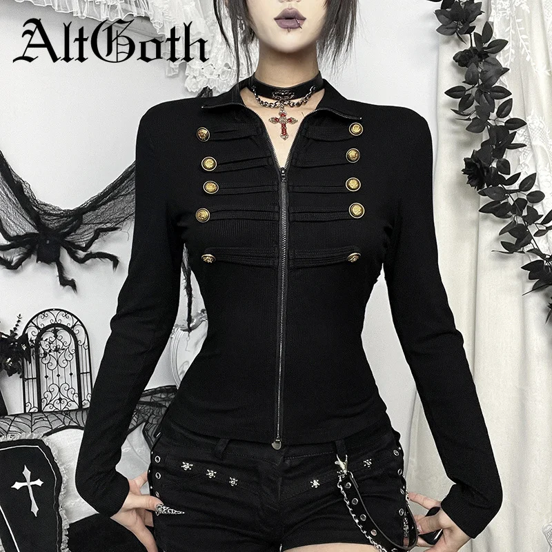 Altgoth Streetwear Vintage Gothic Jackets Women Dark Harajuku Grunge Cyber Punk Y2k E-girl Buttons Patchwork Zipper Coat Female