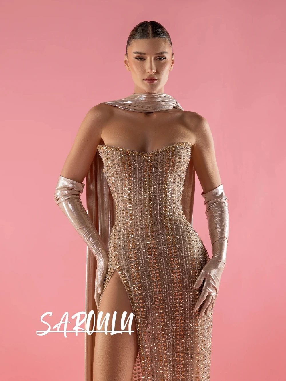 

Изысканное вечернее платье цвета шампань с кристаллами, без бретелек, с высоким разрезом и металлическим кейпом, для выпускного вечера, красной дорожки, на заказ