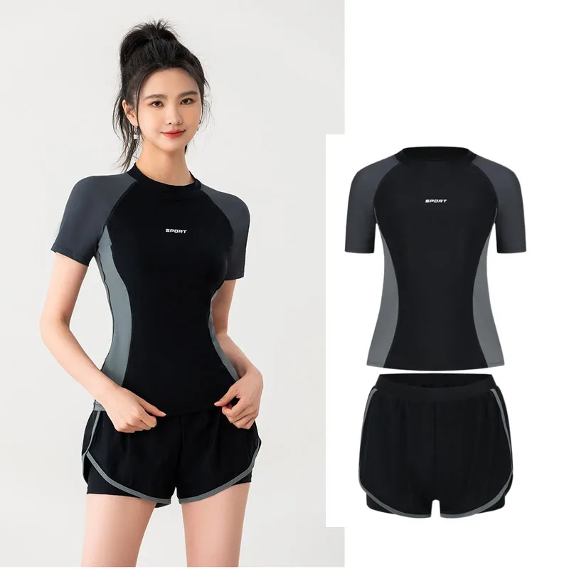 Women's Two Piece Rash Guard Short Sleeve Sun UV Protect Swim Shirt Built in Bra Bathing Suit with Boyshorts Bottoms Swimsuit