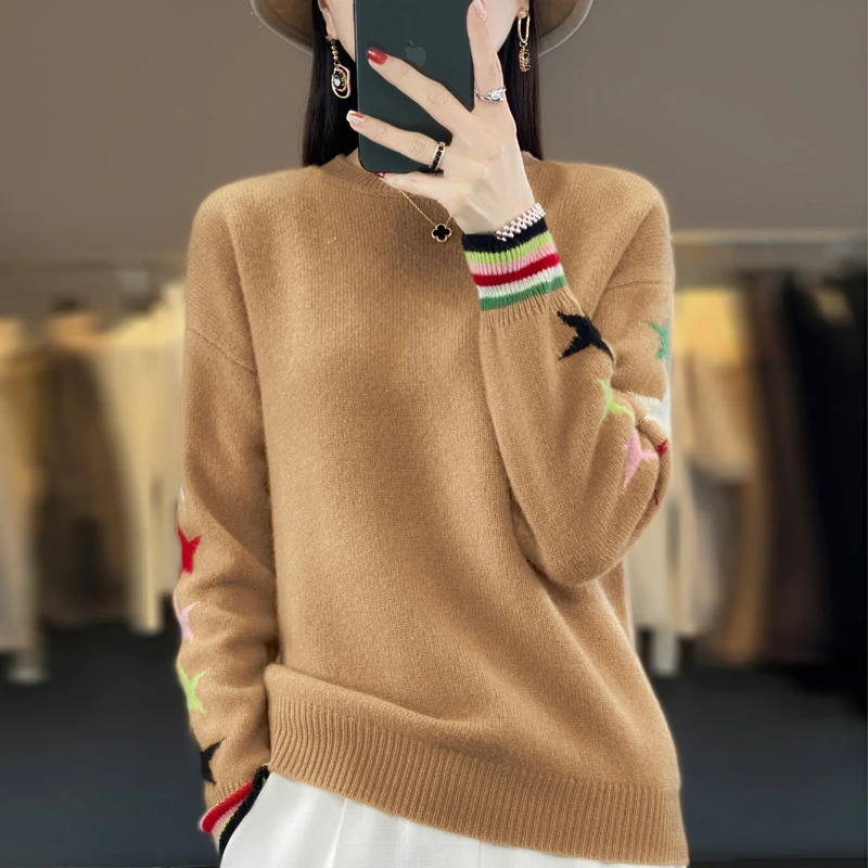 

100% Merino Wool Garment Women's Round Neck Thick Top Fashion Knitted Embroidered Top Autumn Winter Thermal Long Sleeved Jumper