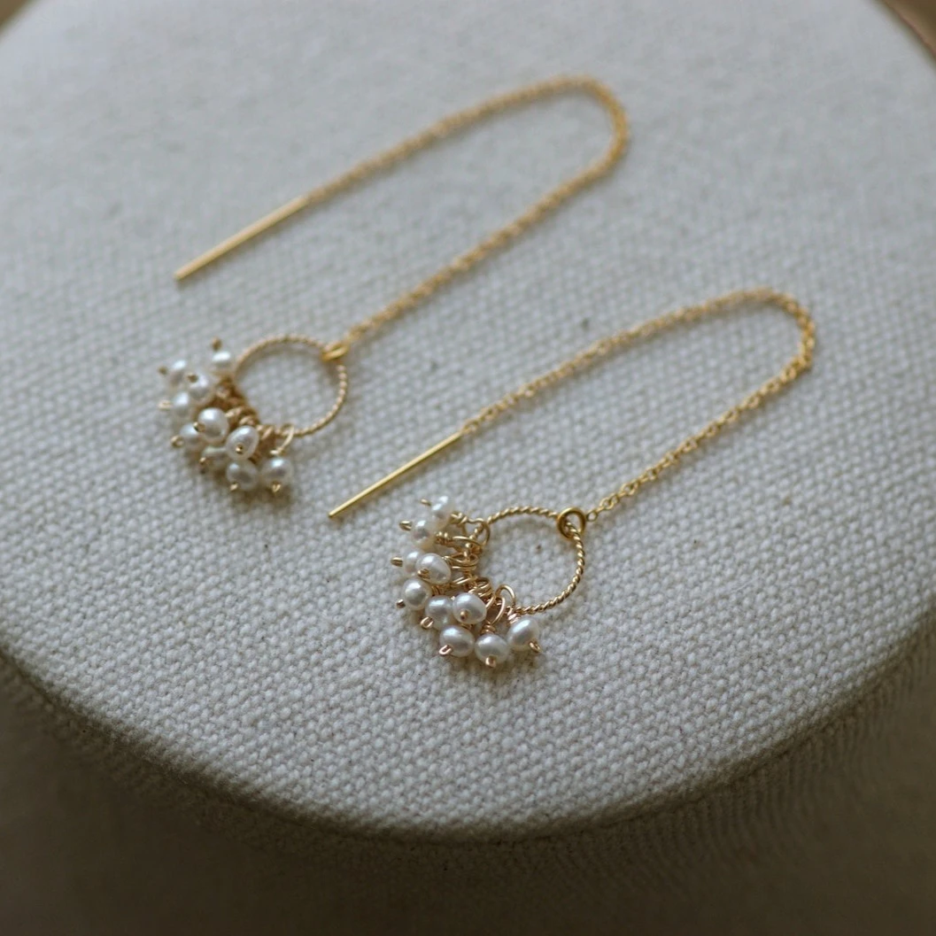 14K Gold Filled Freshwater Pearl Threader Earrings Dainty Jewelry Tarnish Resistant Earrings Waterproof Jewelry Gift for Women