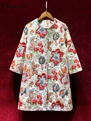 European High-end Embroidery Rhinestone Trench Coat Women's Fashion Round Neck Loose Mid-Length Women's Coats Autumn Winter New