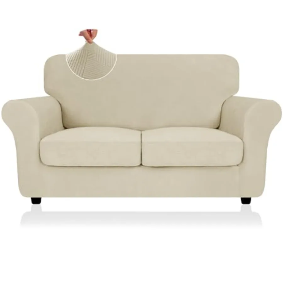 

3 Pcs Stretch Loveseat Covers 55"-69",Thick Striped Sofa Covers for 2 Cushion Couch with Elastic Band Bottom Ties Non-Slip Stay