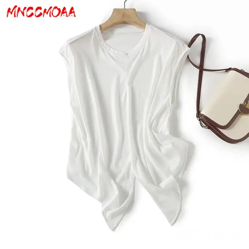 

MNCCMOAA 2024 Spring Summer Women Fashion Loose Round Neck Short Sleeve T-Shirt Female Solid Color Casual Simple Tee Tops