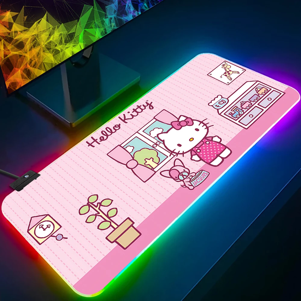 Sanrio Karikatür Sevimli Hello Kitty RGB Pc Gamer Klavye Mouse Pad Mousepad LED Parlayan Fare Altlıkları Kauçuk Oyun Bilgisayarı Mousepad