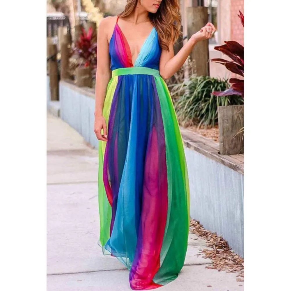 

Sleeveless Suspender Sexy Deep V Rainbow Chiffon Suspender Dress Spring Summer New Women's Loose Long Dress Vestidos Para Mujer