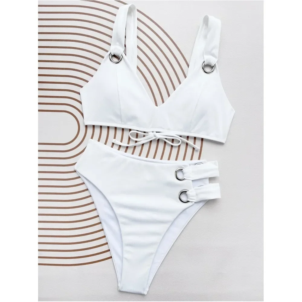 White Bikini High Waist Swimsuit Rings Push Up Tankini String Bandage Swimwear Women Beach Bath Suits Mayo Maillot De Bain Femme