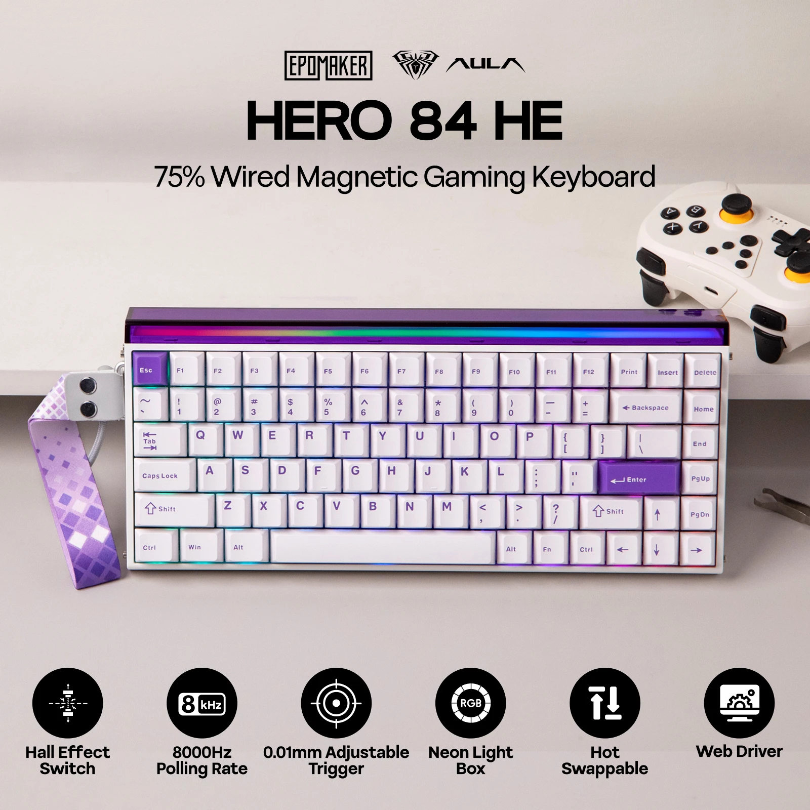 EPOMAKER AULA Hero84 HE 75% US QWERTY Layout Wired Hall Effect Mechanical Keyboard with RGB Lightbox & Backlit 8KHz Polling Rate