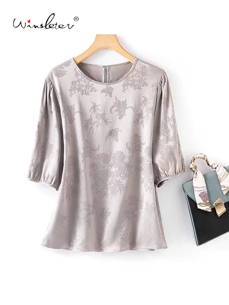 Winsleter-93%Silk 7%Spandex Guanle Satin Elegant T-Shirt, Half Sleeve Jacquard, Women OL Retro Loose Tops, 2026 Summer T64565CC