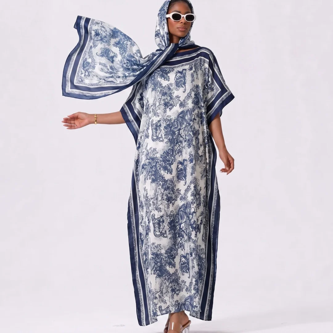 

Luxury Vacation Printed Kaftan Abaya Set Grey Marble Ginkgo Leaf Short Sleeve Loose Side Split Women Beach Travel Outfit Hijab