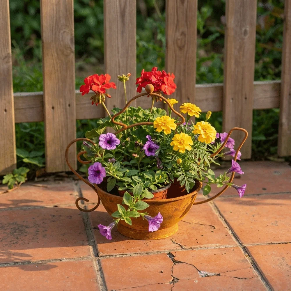 Decorative Rusty Iron Teapot Flower Pot Rust-Resistant Creative Metal Teapot Planter Vintage Kettle Shape Flower Pots Farmhouse