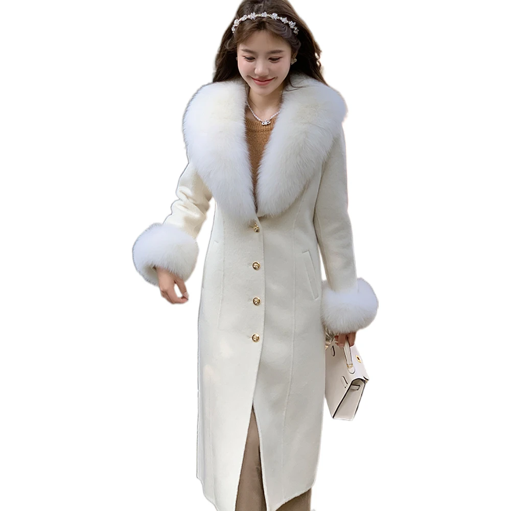 

2023 Autumn and Winter New Lady Lady Fox Fur Collar Reversible Cashmere Coat Women's Long High-End Woolen Slim Coat