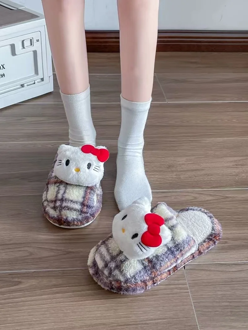 Y2K Fashion Hello Kitty Baotou Slippers Plush Detachable Plush Cute Cartoon Cotton Slippers Warm And Comfortable EVA Home Shoes