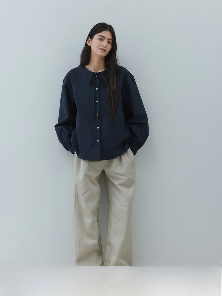 

Pure Cotton Long Sleeve round Neck Shirt Women's Loose Casual Top Breathable Comfortable Spring New Style Single Button