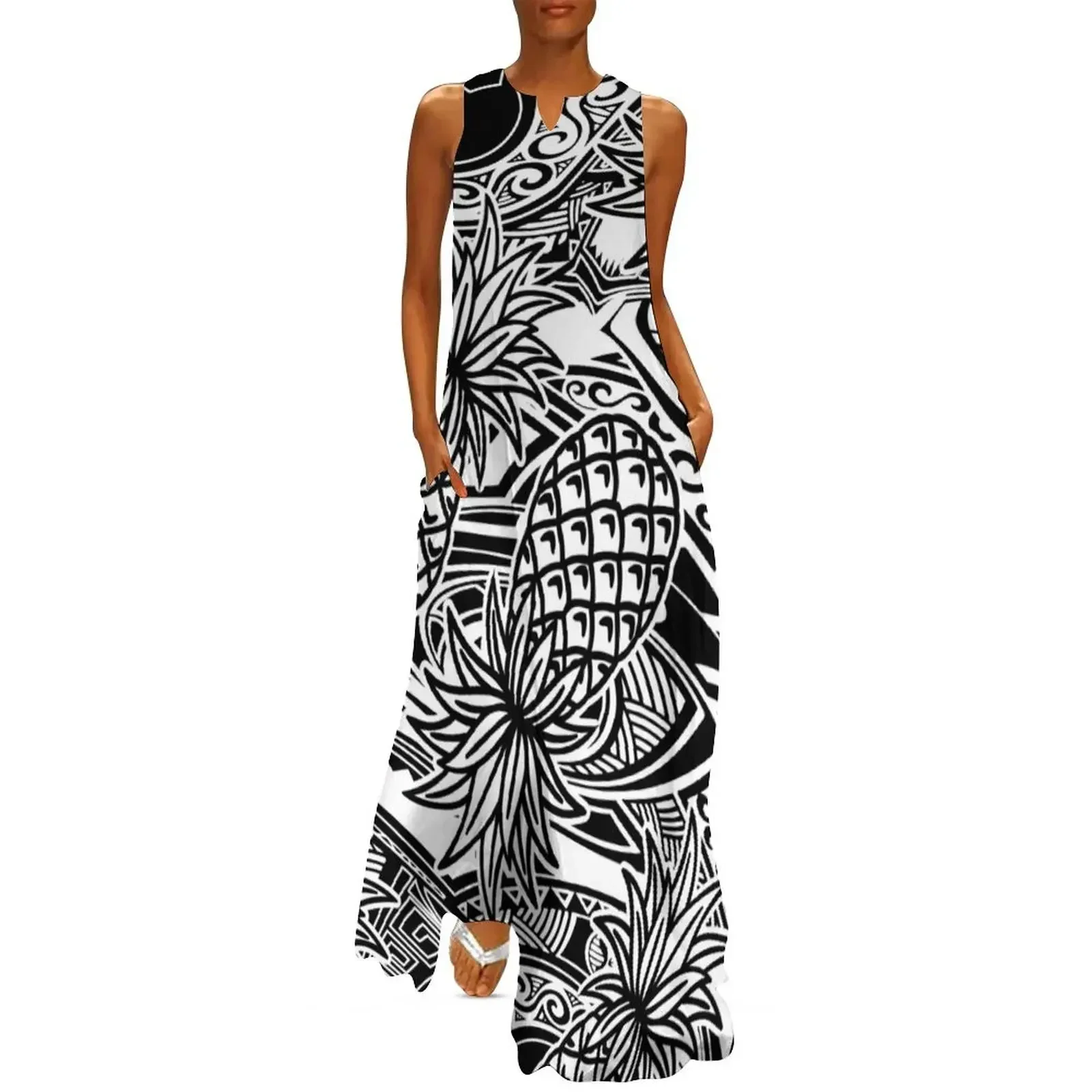 

Polynesian Black And White Tropical Pineapples Long Dress summer dress women 2025 loose women's dress