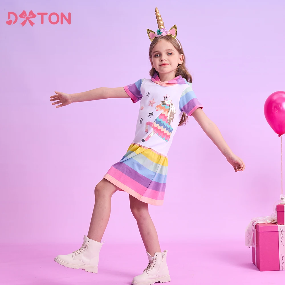 

DXTON New Short Sleeve Girls Dresses Summer Hooded Kids Dress Rainbow Children Cotton Dress Applique Unicorn Girl Costumes 3-12Y