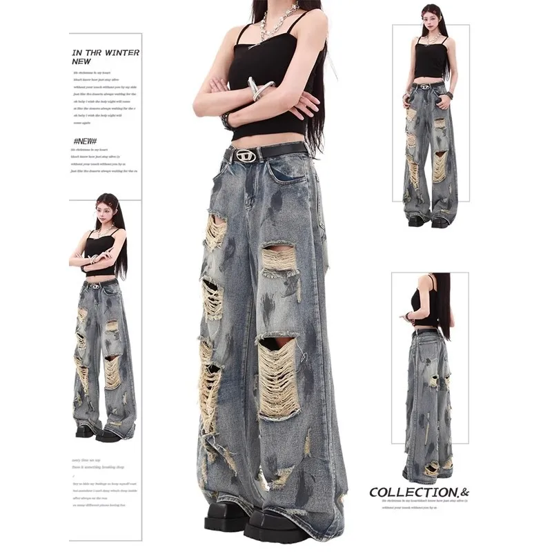 Summer New Women Washed Denim Pant Straight LegFloor Length Loose Denim Trouser Draping Vintage Wasteland Splash Ink Ripped Jean