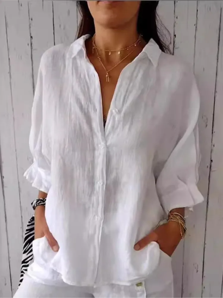 Loose Cotton Linen Shirts For Women Fashion Tie-back Lace-up Button Blouses And Tops 2024 Spring Summer Elegant Women\'s Shirt