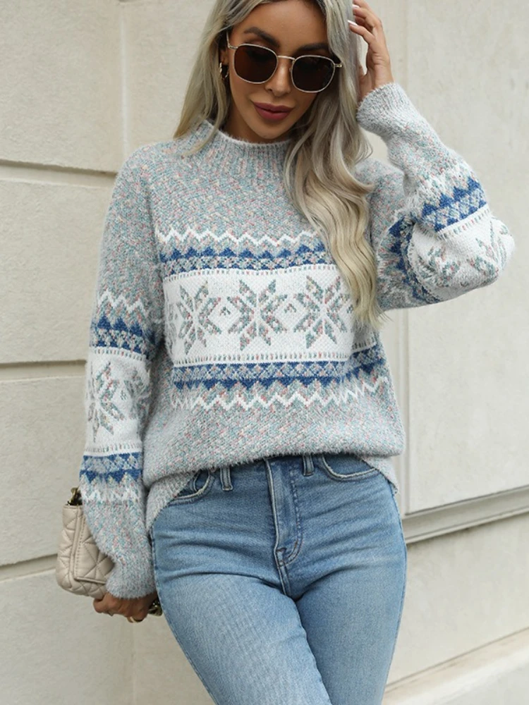 

Long Sleeve Sweaters Women's Snowflake Print Knit Top Casual Pullover New Fall Winter Christmas Sweater Festive Holiday Pullover