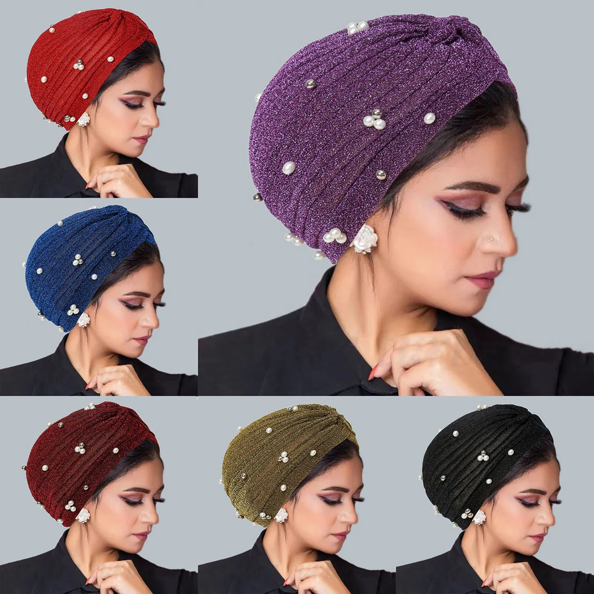 Turbante musulmán brillante para mujer, gorro con nudo de perlas plateadas y doradas, listo para usar, Hijab, tocado