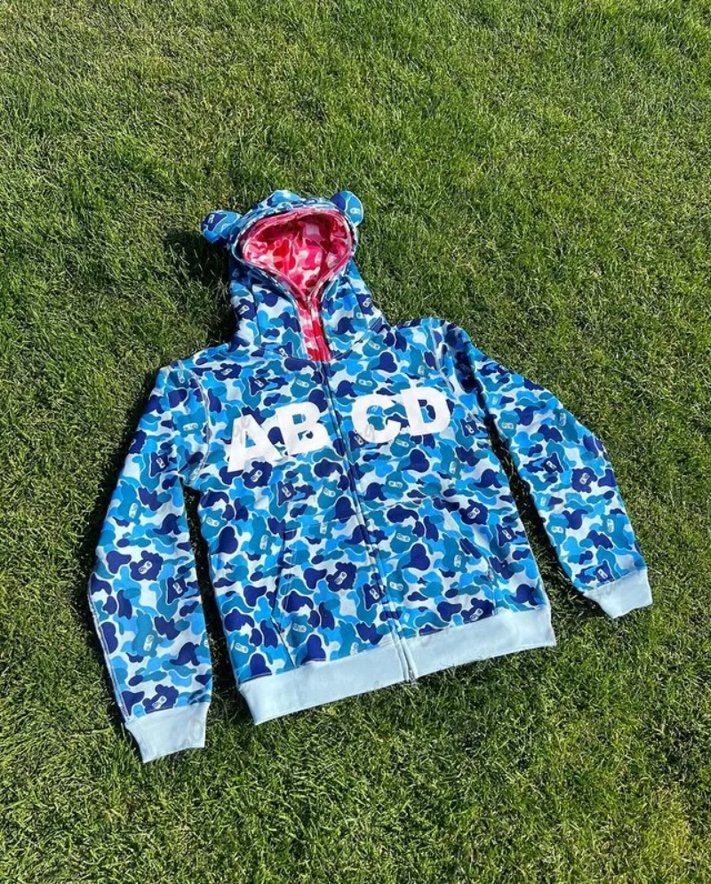 Sudadera con capucha de camuflaje azul para hombre, ropa de calle de gran tamaño con cremallera gótica, estilo punk, Harajuku