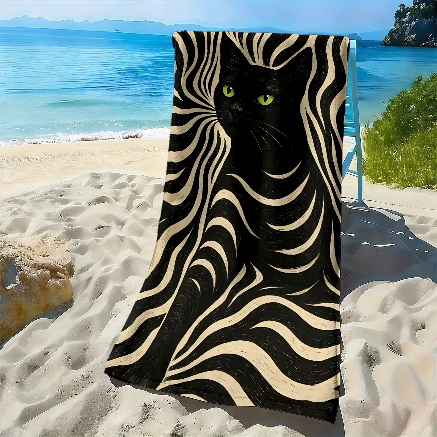 

Black cat and abstract stripe pattern polyester microfiber beach towel is highly absorbent, suitable swimming and beach outings
