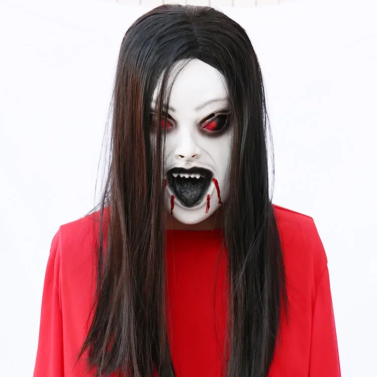 Máscara Facial de Látex Fantasma Feminino, Super Assustador, Cabelo Comprido, Traje de Halloween, Chapelaria Carnaval, Adereços Decoração, Máscara de Terror Adulta