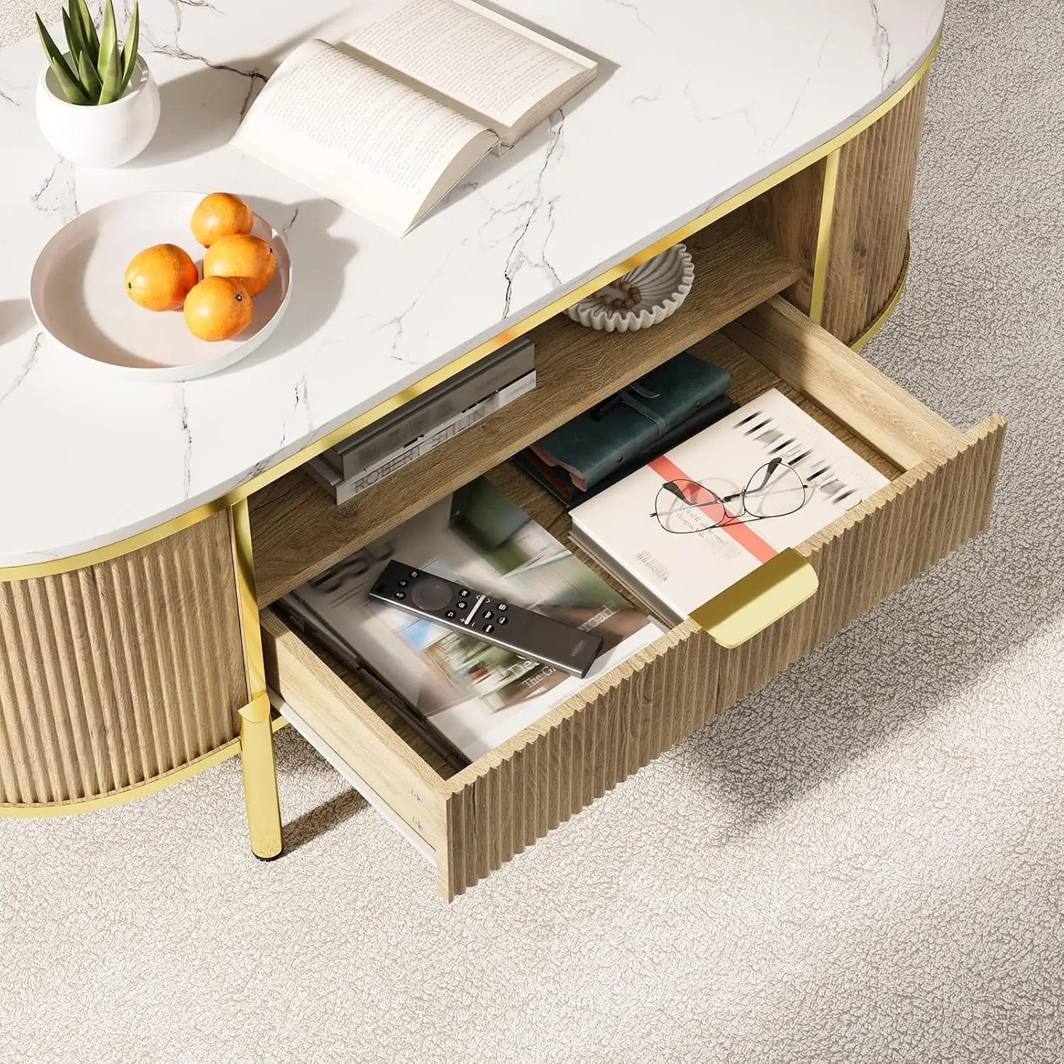 48in Modern Luxury Oval Coffee Table - Natural Oak Fluted Table with Faux Marble Top, Gold Metal Decor & Drawer