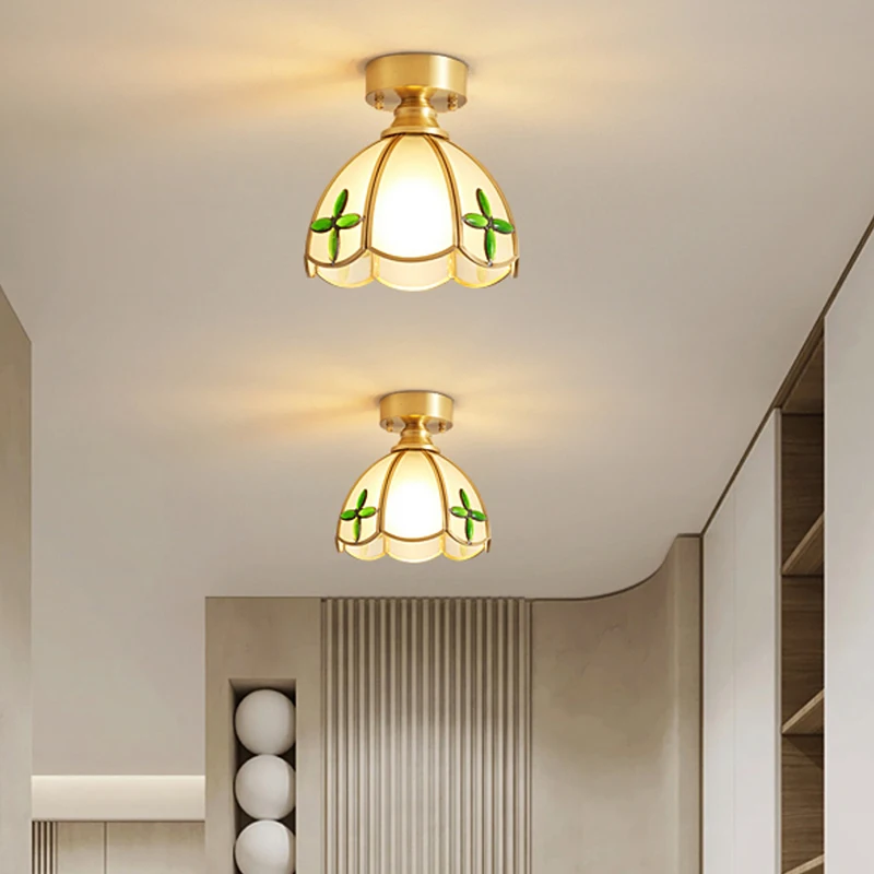 Retro Greek-style Classical Glass Ceiling Lamps Copper Frame Foyer Corridor Balcony Lamps Passageway Lamps and Lighting Fixtures