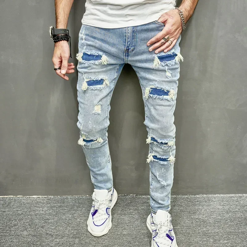 Skinny Men Jeans Holes Vintage Denim Wash Pencil Pants 2025 Pockets Solid Casual Slim Fit Punk Style Spliced Distressed 2025