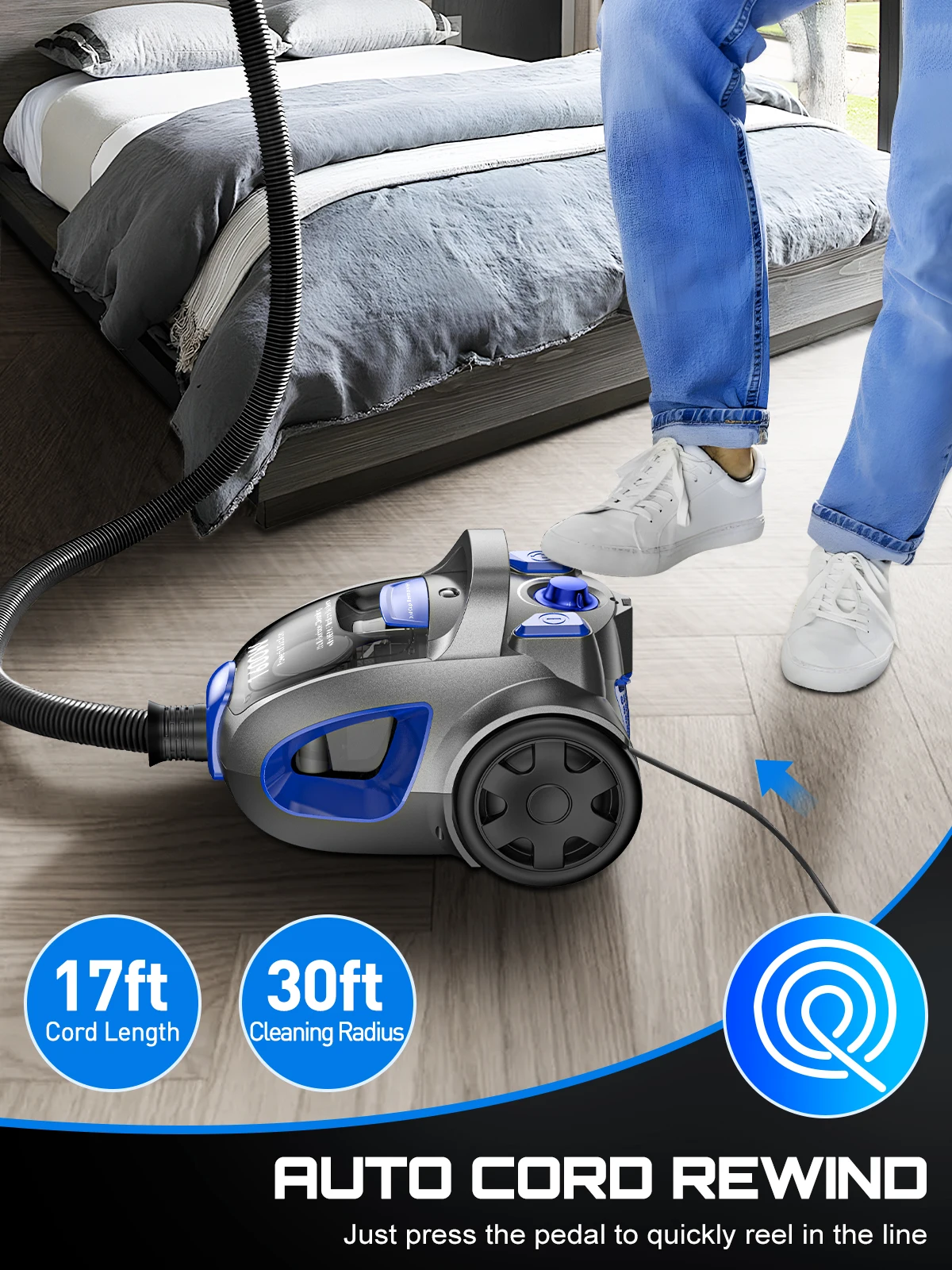 Canister Vacuum Cleaner, 40Kpa 1600W Powerful,3.7QT Large Dust Cup Vacuum for Hard Floors, Carpets, Pet Hair