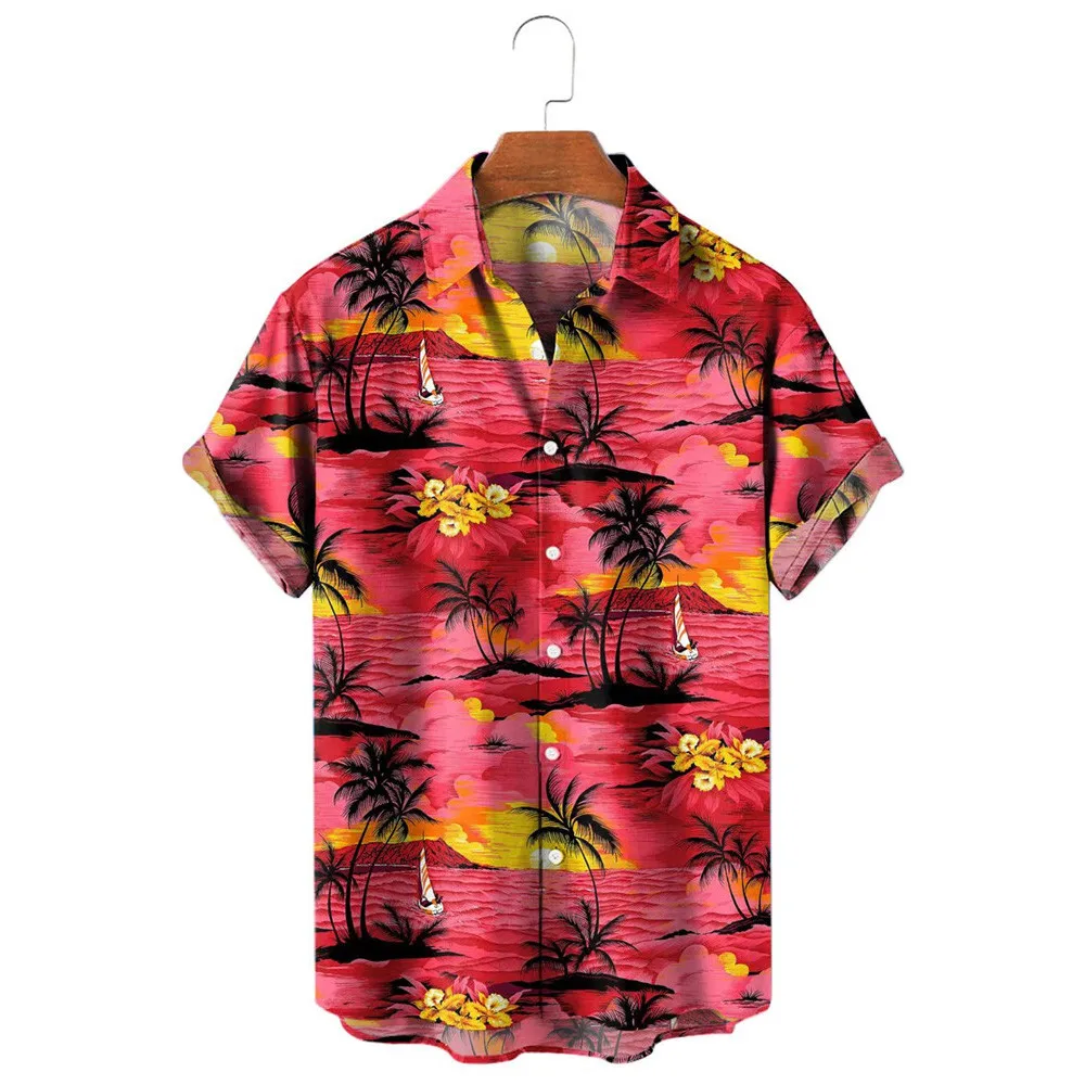 

HX Fashion Men's Shirts Red Dusk Island Coconut Tree 3D Printed Casual Shirt Summer Beach Shirt Men Clothing Dropshipping