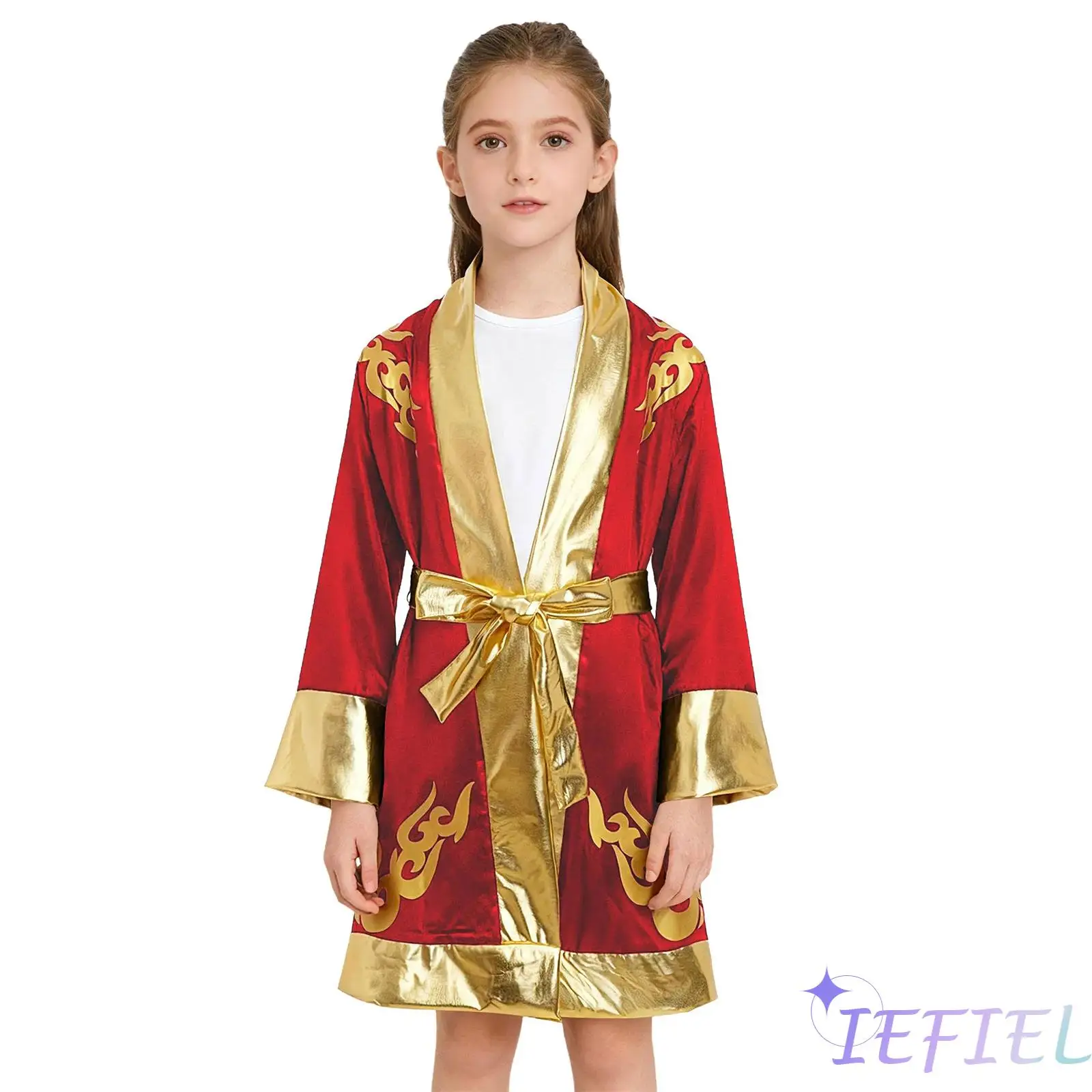 

Champion Boxer Robe for Kids with Metallic Color Block Design And Adjustable Belt Premium Satin Training Wear for Boxing Events