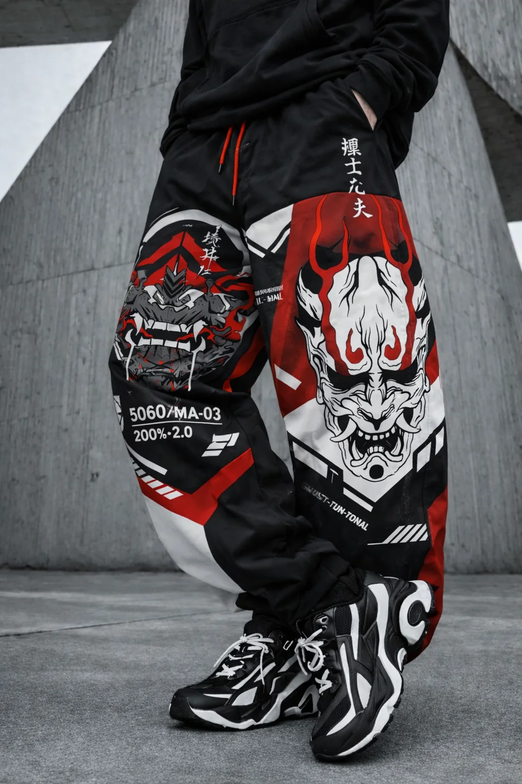 2026 Men's Japanese Oni Mask Graphic Joggers – Cyberpunk Geometric Print Streetwear Hip-Hop Loose Drawstring Sweatpants