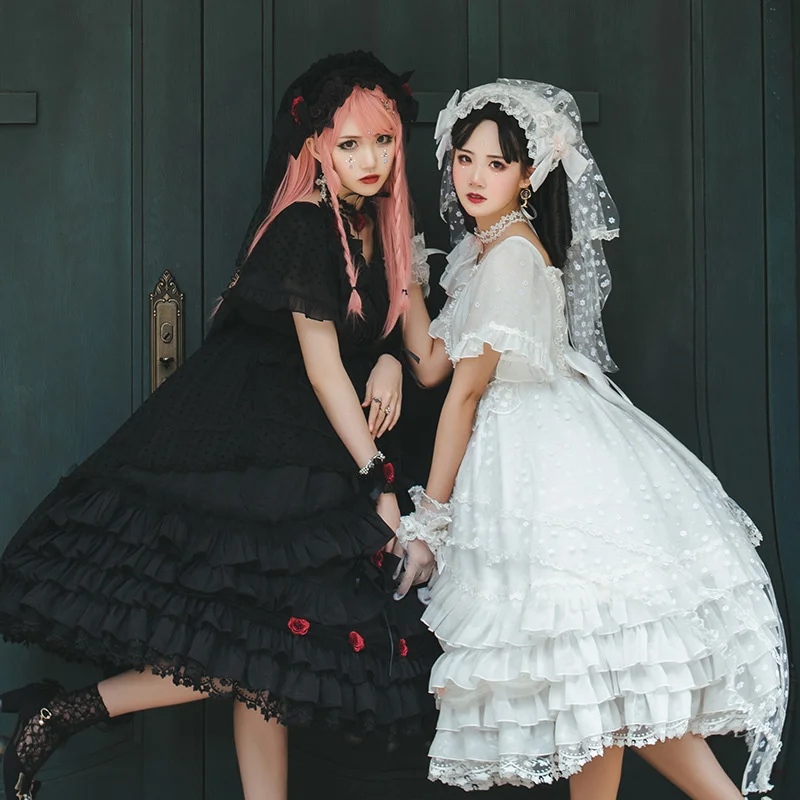 French Vintage Palaca Style Lolita Cosplay Elegant Tea Party Girls Jsk Printing Swan Mesh Ruffle Bowknot Backless Dress