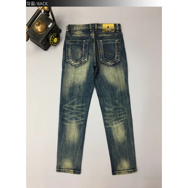 男性用のレトロな破れたジーンズ、トレンディで多用途、スリムフィット、小さなストレートチューブ、スクレープパッチ、アメリカンスタイルのダメージパンツ