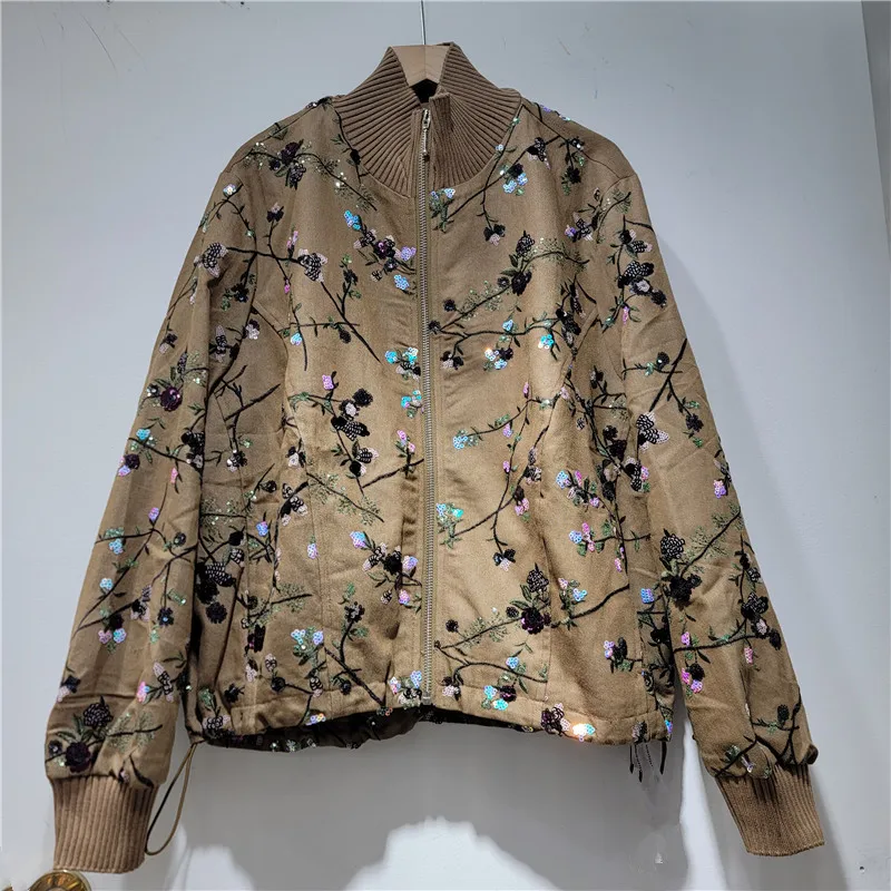 Clothland Women Shiny Sequined Embroidery Jacket Floral Long Sleeve Bomber Coat Retro Shinning Top Mujer CB395