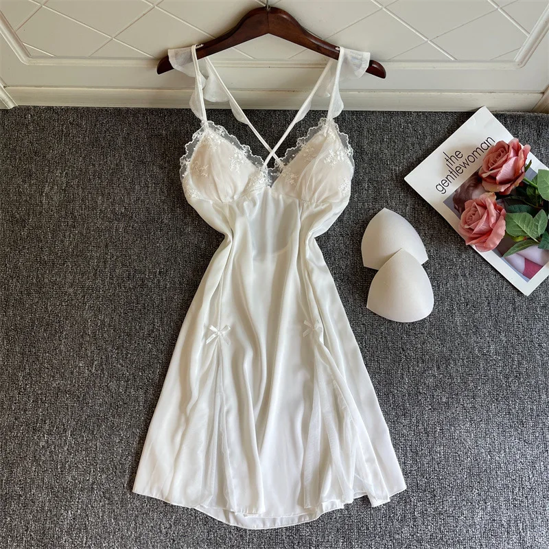 Nightgown Women Gown Sleepdress Sexy Lace Nighty Robe Spaghetti Strap Sleepwear Summer Silky Satin Nightdress Loungewear