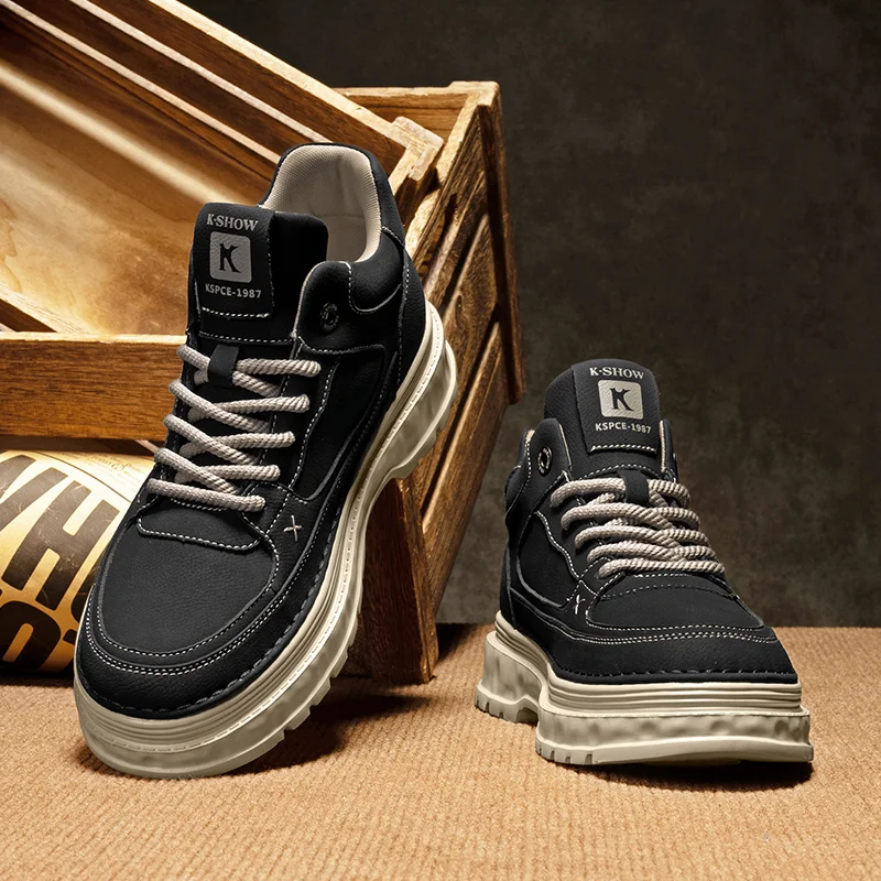 

Men Leather Casual Shoes Outdoor Thick Sole Men Work Boots Comfortable Walking Sports Shoes for Men Designer Anti-Slip Men Shoes