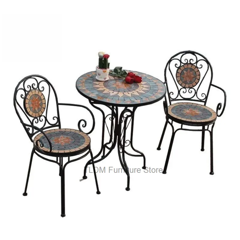 Outdoor Mosaic Side Table Round Handcrafted Tile Top Wrought Iron Frame Ornate Scroll Legs Table for Garden Balcony Poolside