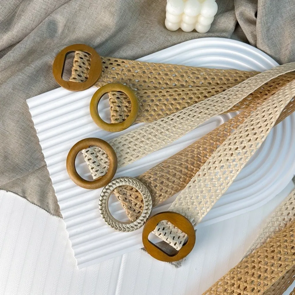 Handmade Bohemian Waist Belt Round Shaped Buckle Woven Mesh Wide Waist Belt Hollow Out Knitted Hollow Out Waist Belt