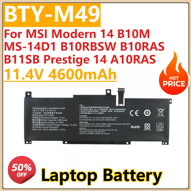

New BTY-M49 Li-ion Battery 3ICP6/71/74 11.4V 4600mAh For MSI Modern 14 B10M MS-14D1 B10RBSW B10RAS B11SB Prestige 14 A10RAS