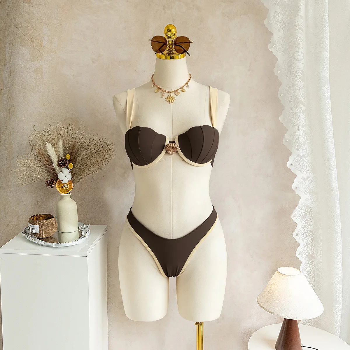 sexy coffee patchwork push up metal shell bikini sets two pieces thong swimsuits bathing suit swimwear biquini tankini trikini