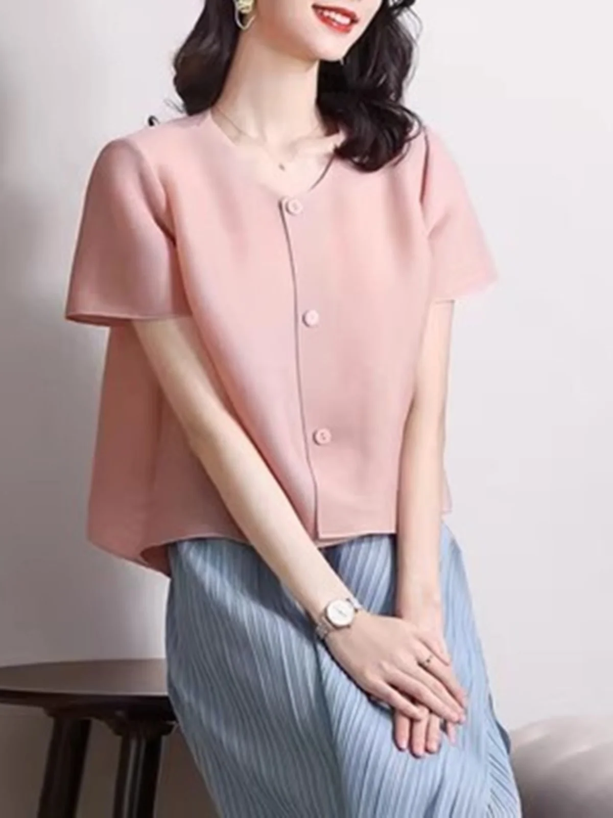 

Slimming Pleated ort Sve Open Cardigan Thin Outerwear Single Button Korean Sle Polyester Fiber round Ne Regular Length