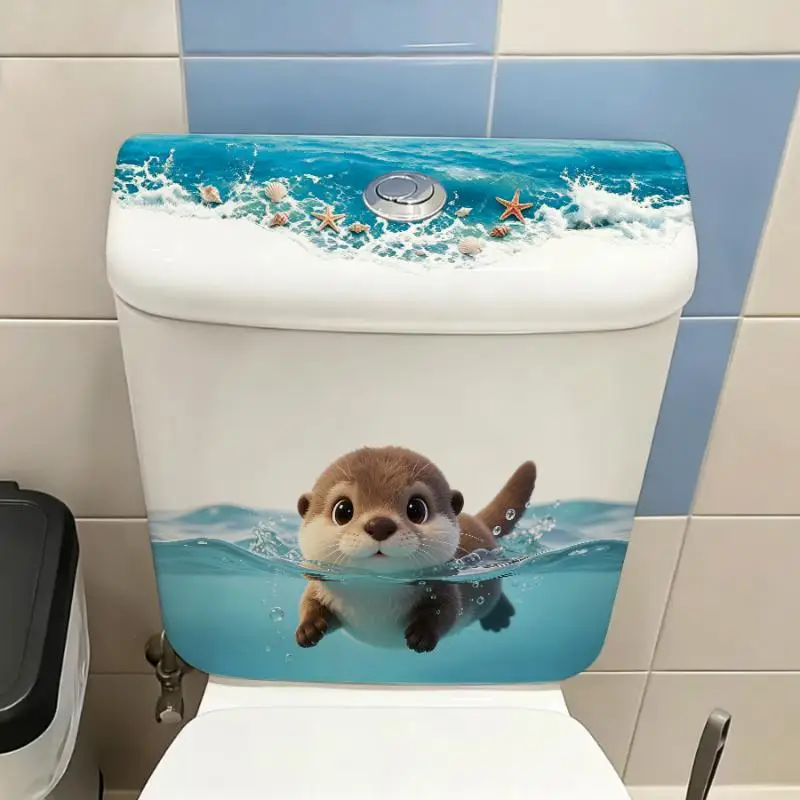 New Cute Otter Toilet Tank Sticker Ocean Wave Vinyl Decal For Bathroom Adhesive Wall Art Home Decor Accessories