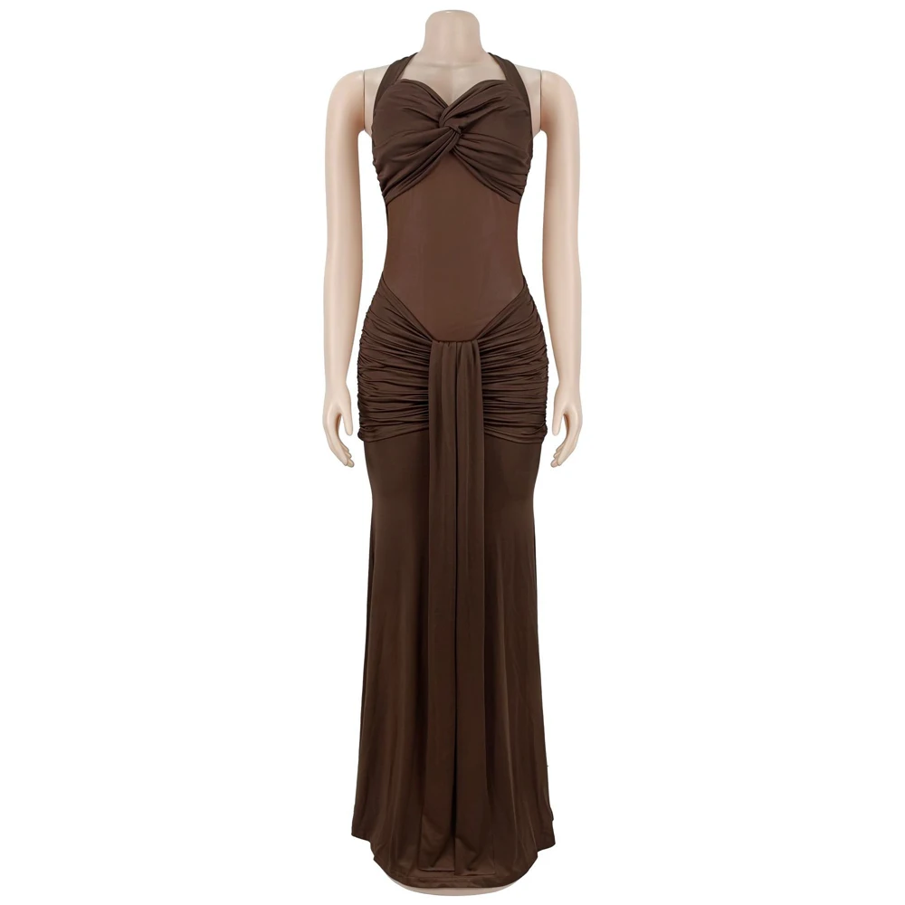 Sexy Transparentes Netzkleid mit Neckholder Rückenfreies Schnürkleid mit Vorderbindung Figurbetontes Partykleid Langes Abendkleid Clubwear Maxikleid für Damen – Detail 9