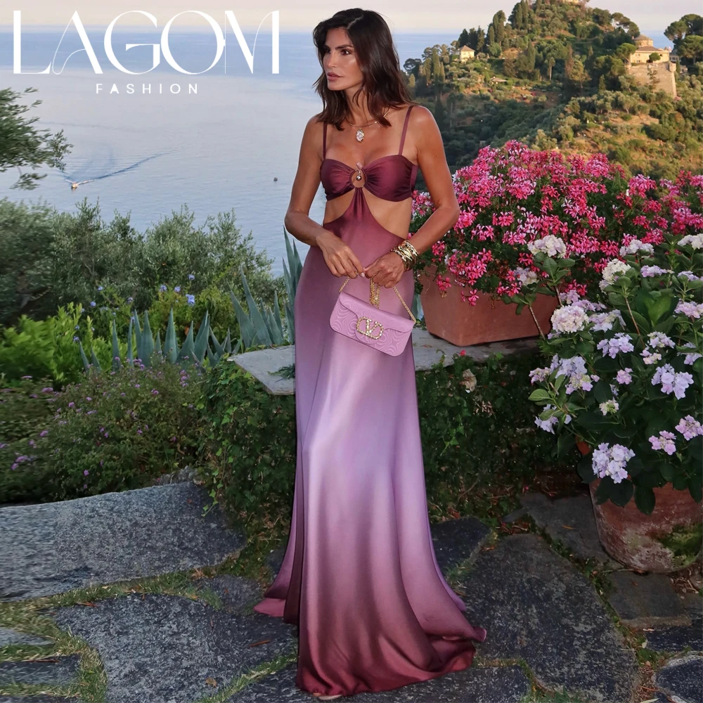 Lagom Exquisite Gradient Purple Cutout Evening Dress Satin Hollow Waist Floor Length Formal Prom Wedding Vacation GownCustomized