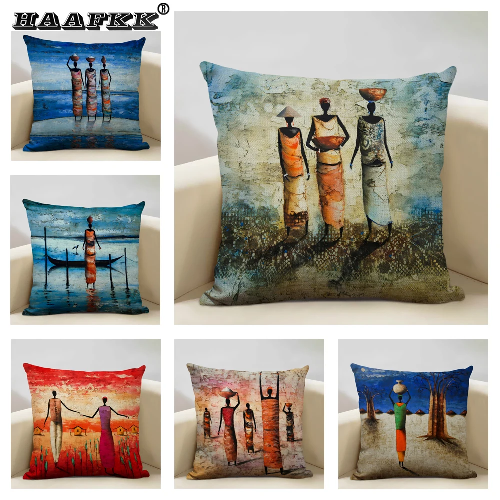 

African Oil Painting Art Pillow Case Living Room Sofa Decoration Cushion Cover Linen Pillowcase Double Side Printing 45x45cm