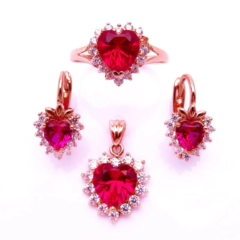 

Inspiration Luxury Romantic Red Gem Heart Shaped Jewelry Sets 585 Purple Gold Plated 14K Rose Gold Wedding Earrings for Women