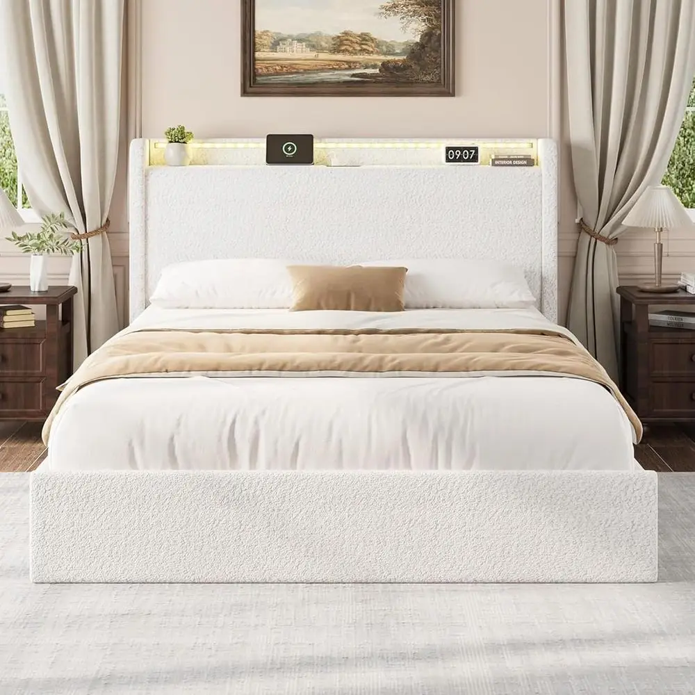 

Мягкая кровать размера «queen-size» со светодиодной подсветкой, зарядная станция, 4 ящика, бесшумная, белая